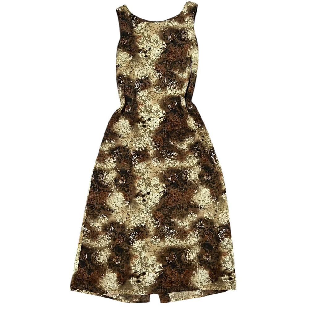 VTG Y2K Studio I Dark Brown & Tan Boho Pattern Sheath Hugh Neck Midi Dress 8/M